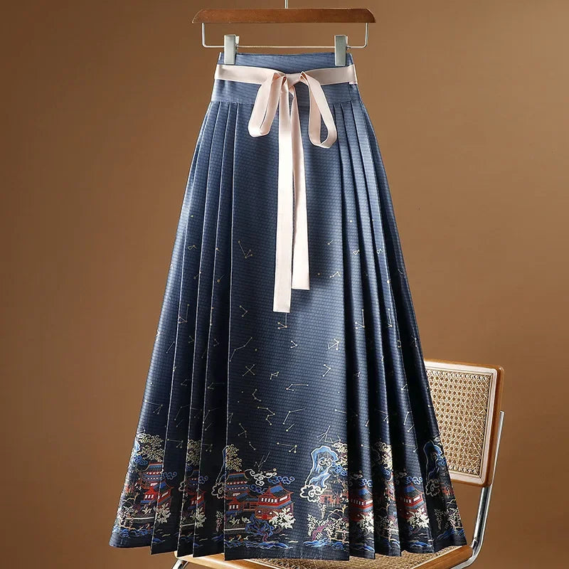 Maxi Chinese Style Horse Face Skirts Women Hanfu Vintage Harajuku Saia Casual Long Print Pleated Skirt Woman Clothing Faldas