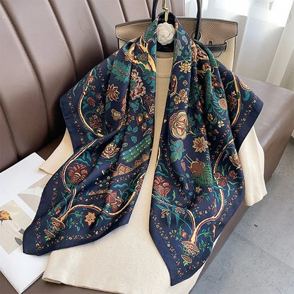 90*90Cm Square Scarf Twill Silk Feeling Women Head Shawls and Wraps Luxury Hair Tree Print Neck Scarves Hijab Bandana Pashmina