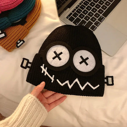 Kpop Cute Cartoon Cuff Beanie Cap Women's Candy Color Big Eyes Smile Skullies Hat Fashion Streetwear Student Warm Winter Knitted