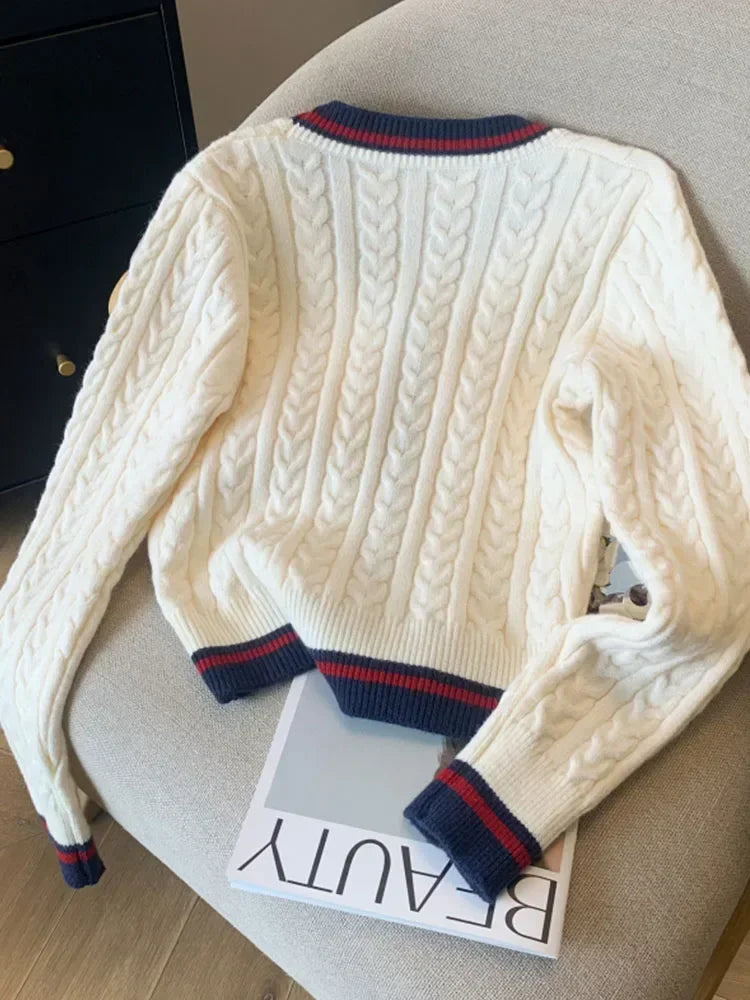 Autumn Winter Women Preppy Style Cardigan Sweater Old Money V-Neck Knitwear Embroidery French Vintage 2000s Aesthetic Thick Cute