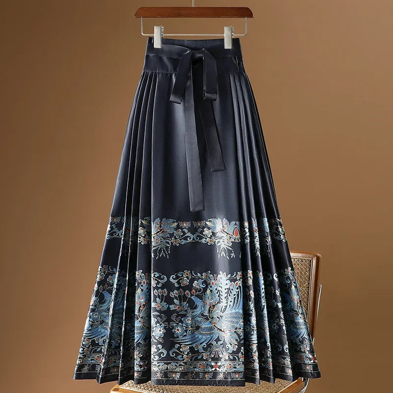 Maxi Chinese Style Horse Face Skirts Women Hanfu Vintage Harajuku Saia Casual Long Print Pleated Skirt Woman Clothing Faldas