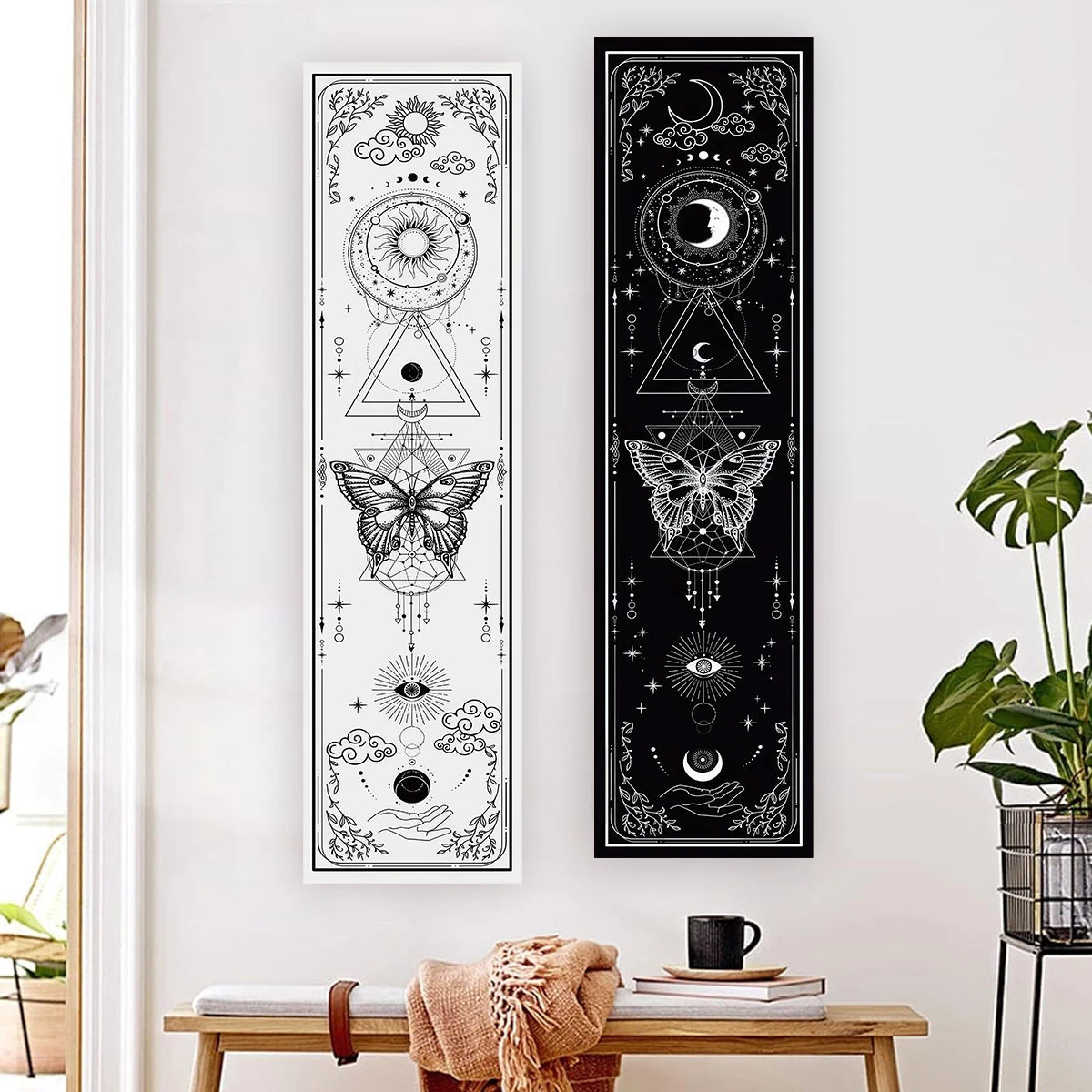 Gothic Witchy Sun & Moon Vertical Tapestry Black And White Butterfly Wall Hanging For Living Room, Bedroom Aesthetic Home Decor