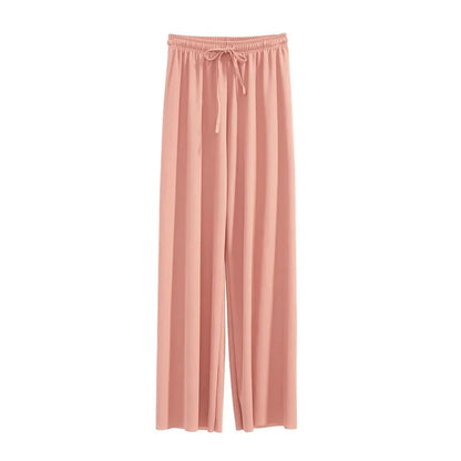 Women Wide Leg Long Pants Casual Solid Elastic Waist Loose Ankle-Length Ice Silk Pants Spring Summer Straight Female Trousers