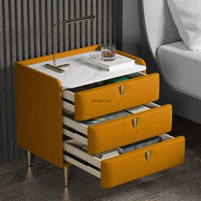 Light Luxury Solid Wood, Minimalist Modern Storage, Three-layer Storage, Leather Rock Board, Bedroom Bedside Cabinet  Bedside