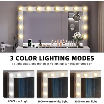 Large Glass Top Vanity Makeup Mirror Desk Crystal Handle 3 Color Lighting Modes 9 Drawers Magnifying Glass White Dresser Table