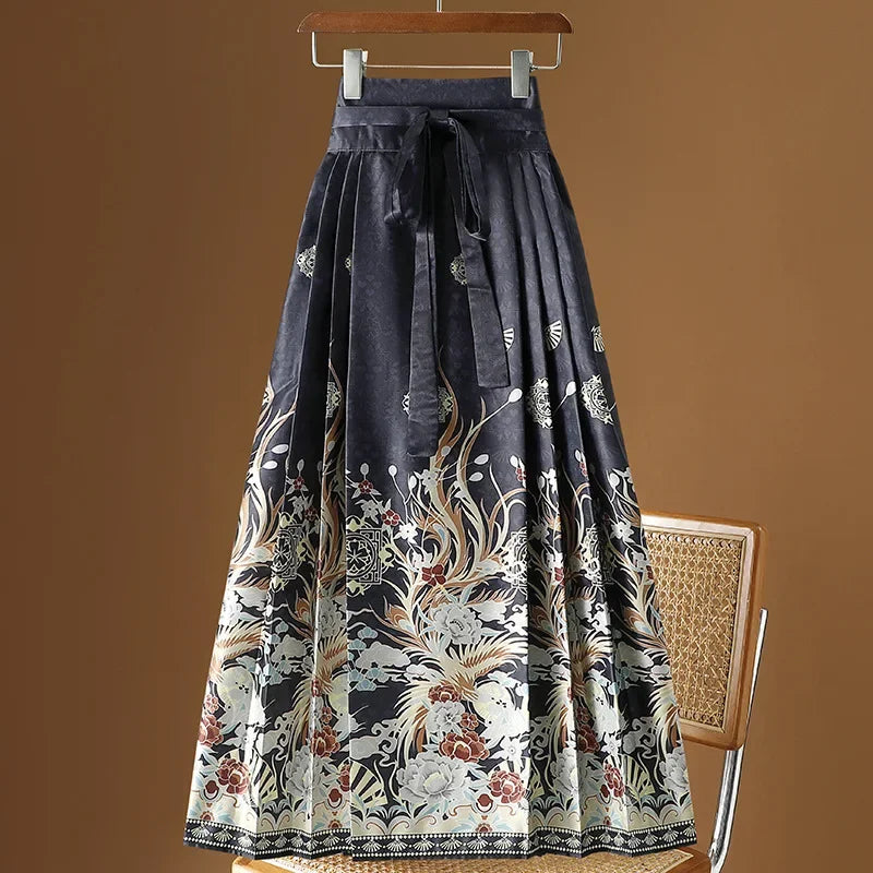 Maxi Chinese Style Horse Face Skirts Women Hanfu Vintage Harajuku Saia Casual Long Print Pleated Skirt Woman Clothing Faldas