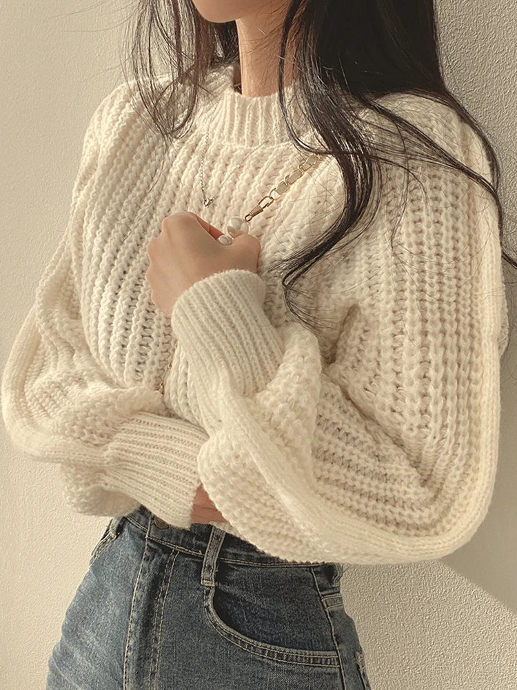 Loose Vintage Harajuku Lantern Long Sleeve Women Sweater Korean Autumn Winter Knitwear Soft Warm Tops Chic Solid Femme Sweater