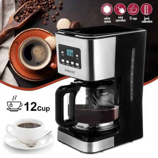 950W Automatic Coffee Machine 12 Cups Stainless Steel Coffee Machine Kitchen Drip Coffee Grind Machines