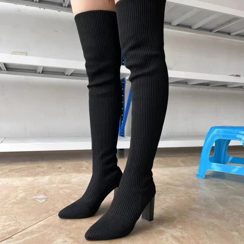 Women High Boots Autumn Winter Over-the-knee Boots High Quality Stretch Socks Boots Party Sexy 9cm Heel Women Shoes Botas Mujer