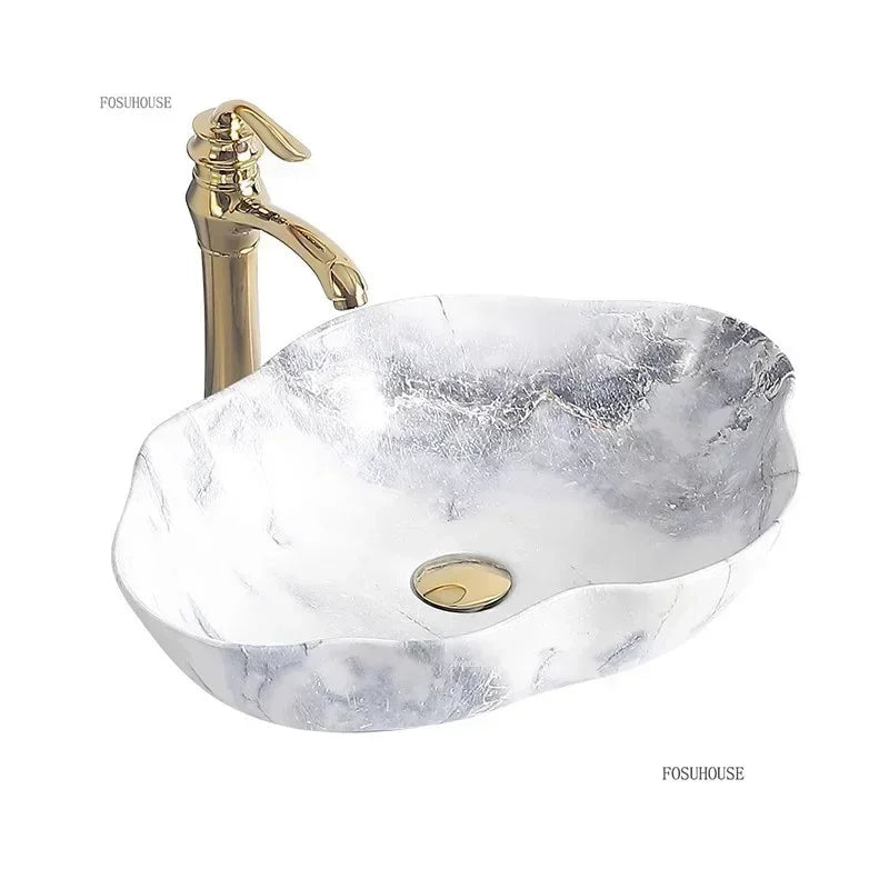 Ceramic Bathroom Sinks Designer Marble Pattern Countertop Sink Light Luxury Hotel Washbasin Creative Bathroom Furniture N