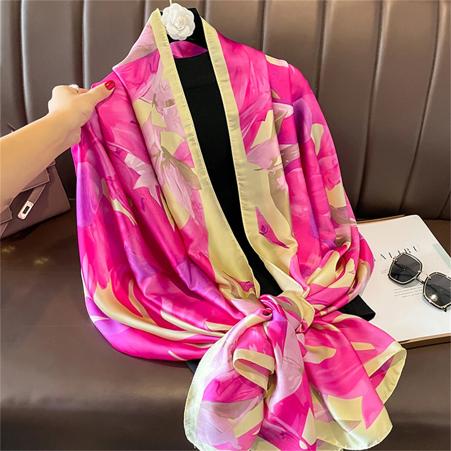 Women Fashion Print Silk Scarf Luxury Brand Warm 180X90CM Scarves Popular Lrage Satin Finish Shawl The Four Seasons Design Hijab