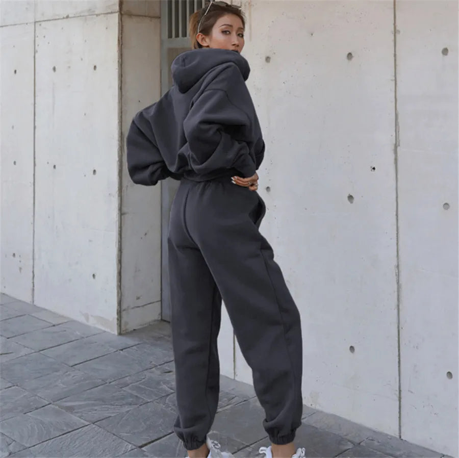 Women Sports Two Piece Sets Hoodie Trousers Solid Color Hooded Pants Outfits Sweatshirt Suit 2024 Autumn Winter Tracksuit