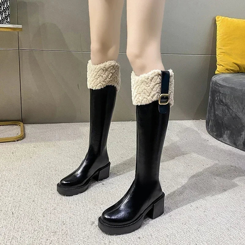 Winter Knee High Brown Long Boots Comfort Square Heel Zip Belt Buckle Platform Boots for Women  Plush Edge Warm Gothic Shoes