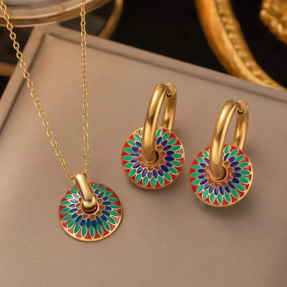 Vintage Painted Daisy Pattern Design Stainless Steel Necklace Earrings Set Female Creative Ethnic Style Jewelry Accessories