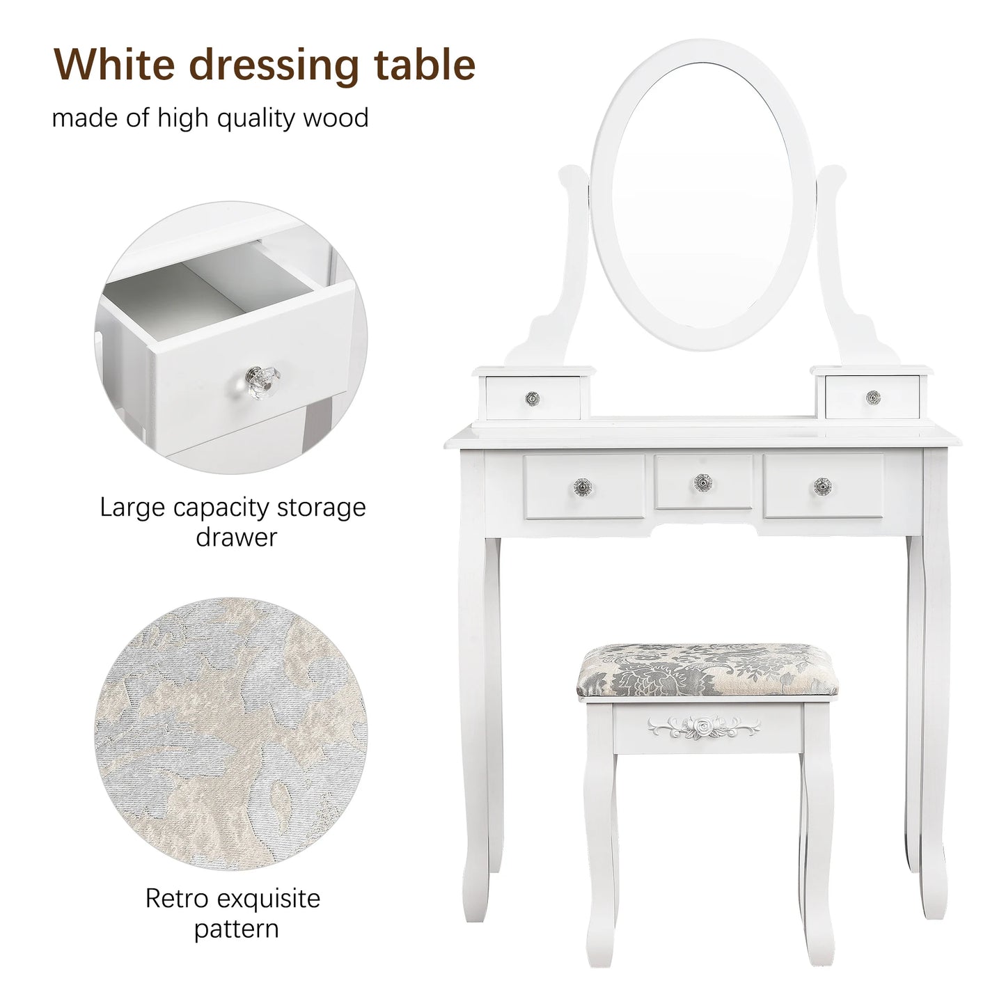 Modern Dressing Table with Round Mirror Cushioned Stool 5 Drawers Dresser Cosmetic Table Makeup Vanity Table Bedroom Furniture