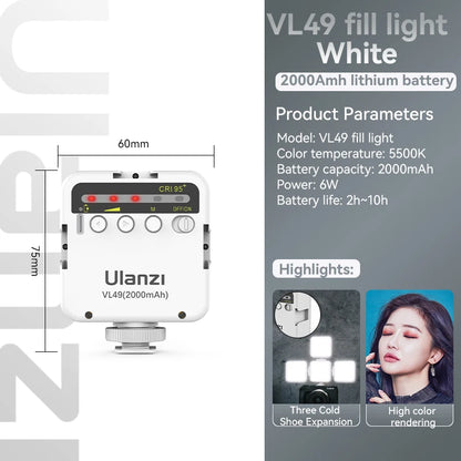 Ulanzi VL49 6W Mini Vlog LED Fill Light White 2000mAh 5500K Zoom Lighting Photographic Lighting Video Phone Selfie Fill Lamps