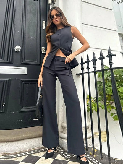 Office Women Vest Pant Set Slim O-neck Single Breasted Sleeveless Waistcoat Trousers Female Suit 2024 Summer Elegant Lady Outfit