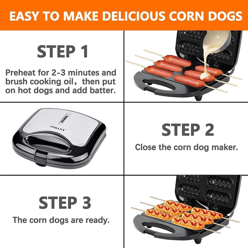 Electric Hot Dog Machine Waffle Maker 6 Corn Dogs Non-Stick Double-sided Heating Sausage Roll Maker Breakfast for Kid Party 220V