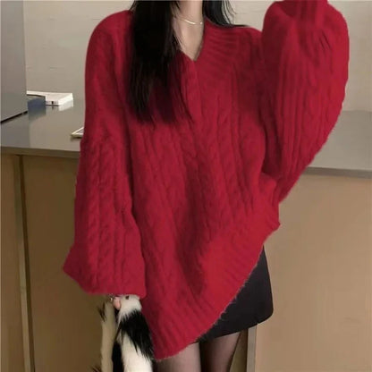 Autumn Winter Women Sweater Harajuku Oversized Knitted Pullovers Korean Long Sleeve V Neck Knitwear Preppy Solid Loose Jumper