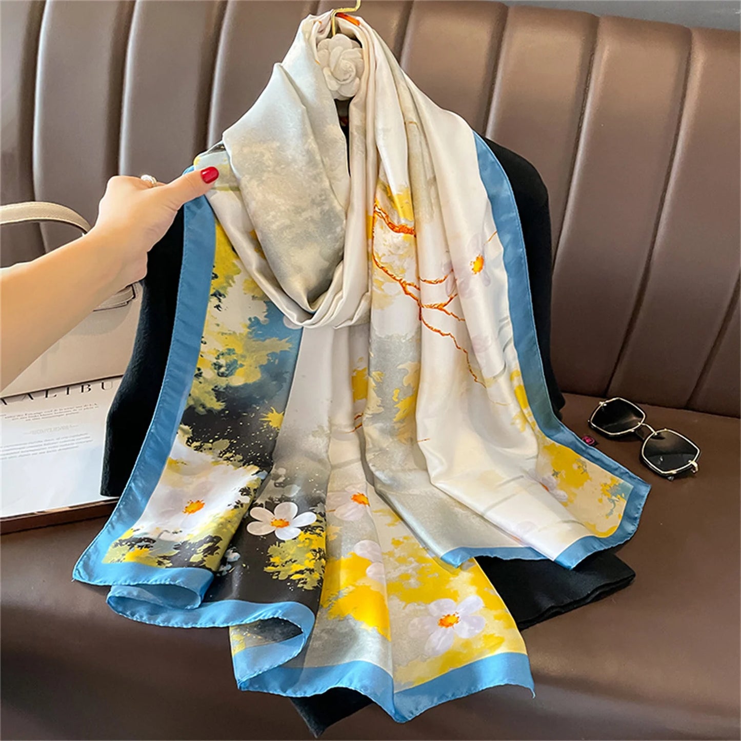 Women Fashion Print Silk Scarf Luxury Brand Warm 180X90CM Scarves Popular Lrage Satin Finish Shawl The Four Seasons Design Hijab