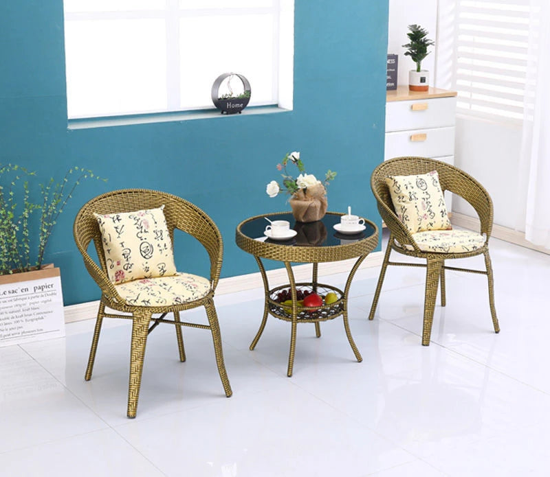 Balcony Small Coffee Tables Living Room Round Tables Rattan Woven Storage Small Tea Table Tempered Glass Leisure Round Table