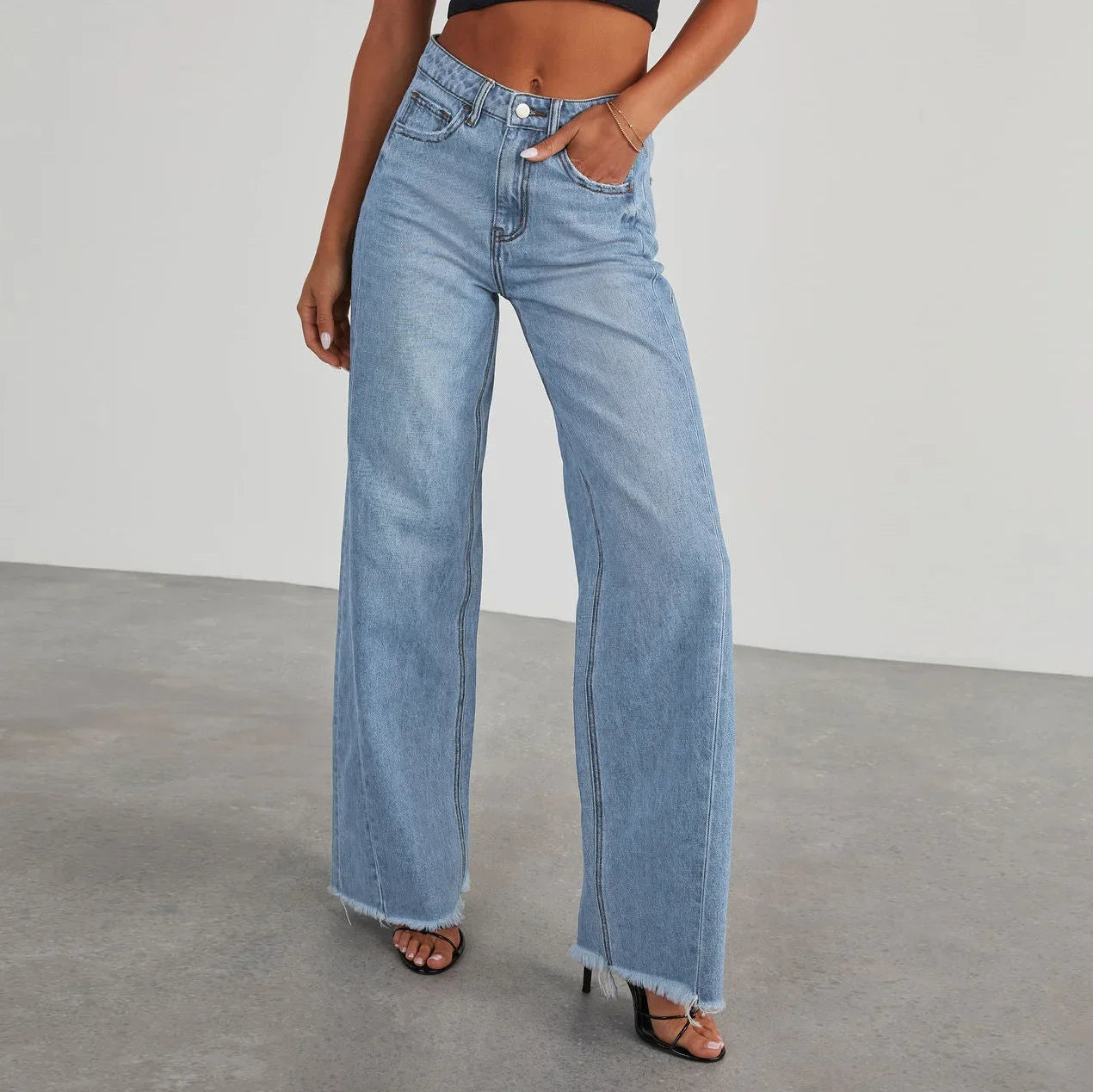 High-waisted Straight-leg Furred Jeans, Women's New Fashion High-waisted Wide-leg Pants Jeans,spring and Autumn for Women Y2k