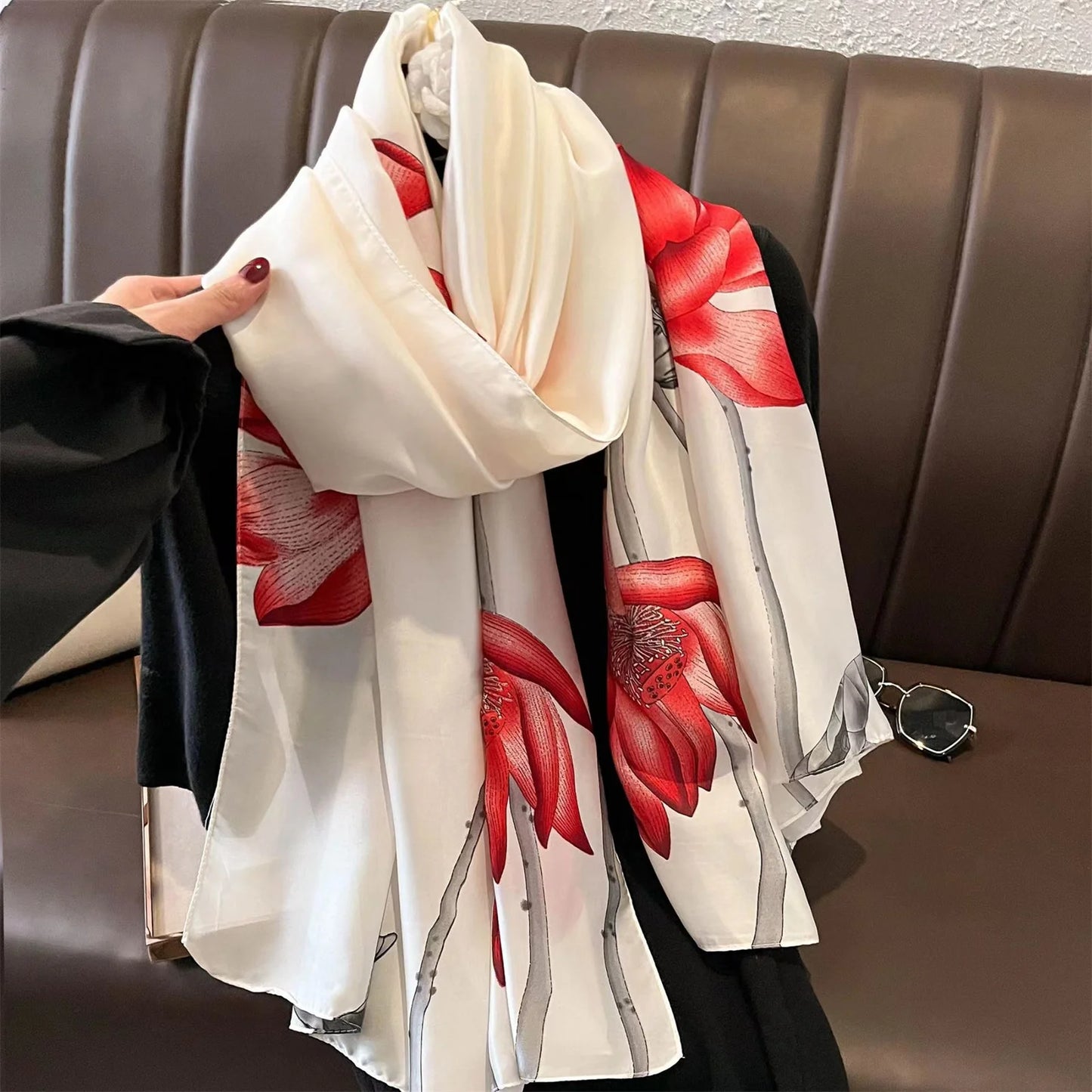 Women Fashion Print Silk Scarf Luxury Brand Warm 180X90CM Scarves Popular Lrage Satin Finish Shawl The Four Seasons Design Hijab