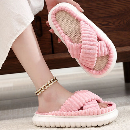 New Women Home Slippers 2023 Autumn Winter Open-Toe Cross Band Linen Soled Indoor Slides Linen Soled Non-Slip Bathroom Slippers