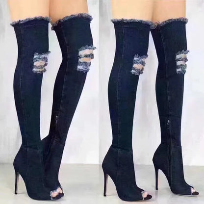 Women High Heels Boots Hollow Out Pointed Toe Over Knee Blue Denim Gladiator Boots Long High Heel Jean Boots Shoes Ladies Shoes