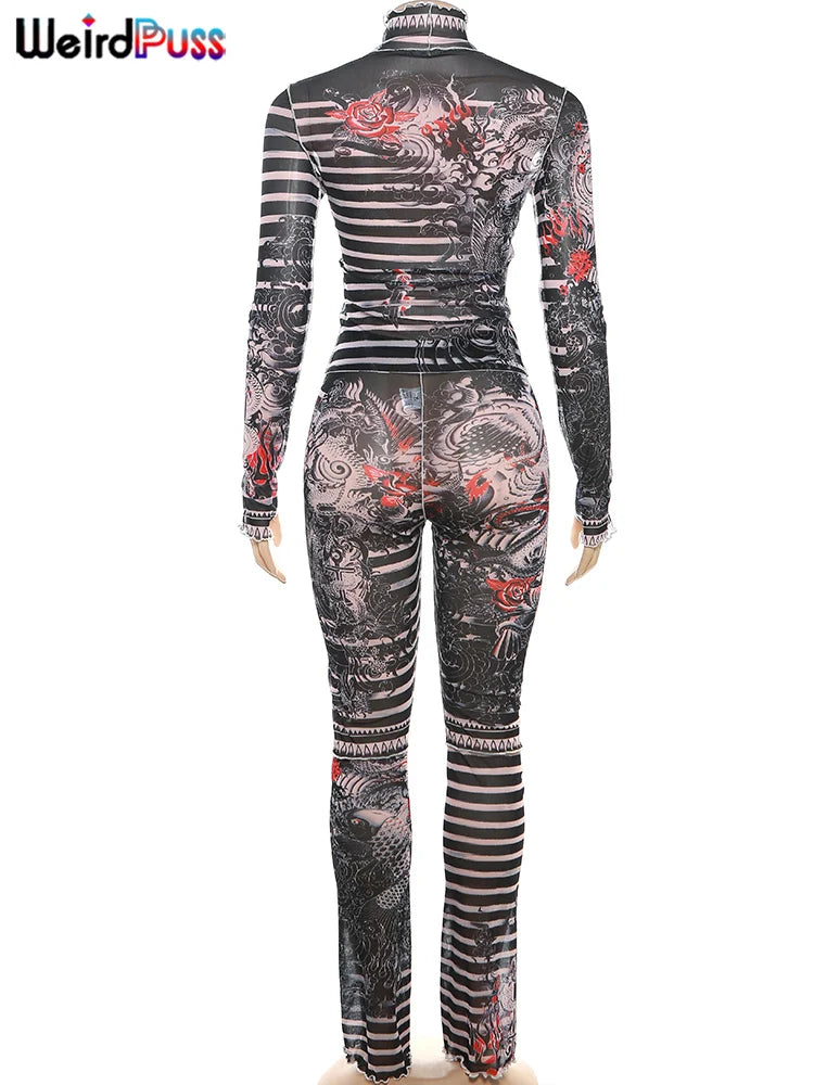 Weird Puss Aesthetic Print Sexy Women 2 Piece Set See Through Midnight Spring Turtleneck Crop Tops+Pants Stretch Skinny Clubwear