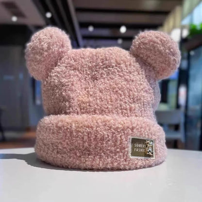 Cute Winter Plush Beanie Cap for Women Cartoon Bear Ear Knitted Wool Hat Female Girls Solid Color Thicken Lamb Fleece Hats