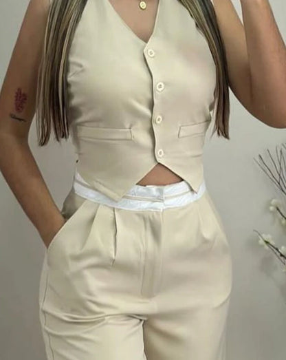 New Fashion 2024 Summer Casual Sexy Elegant V-Neck Buttoned Vest Top & Pocket Design Pants Set Womens Two Piece Sets Outfit