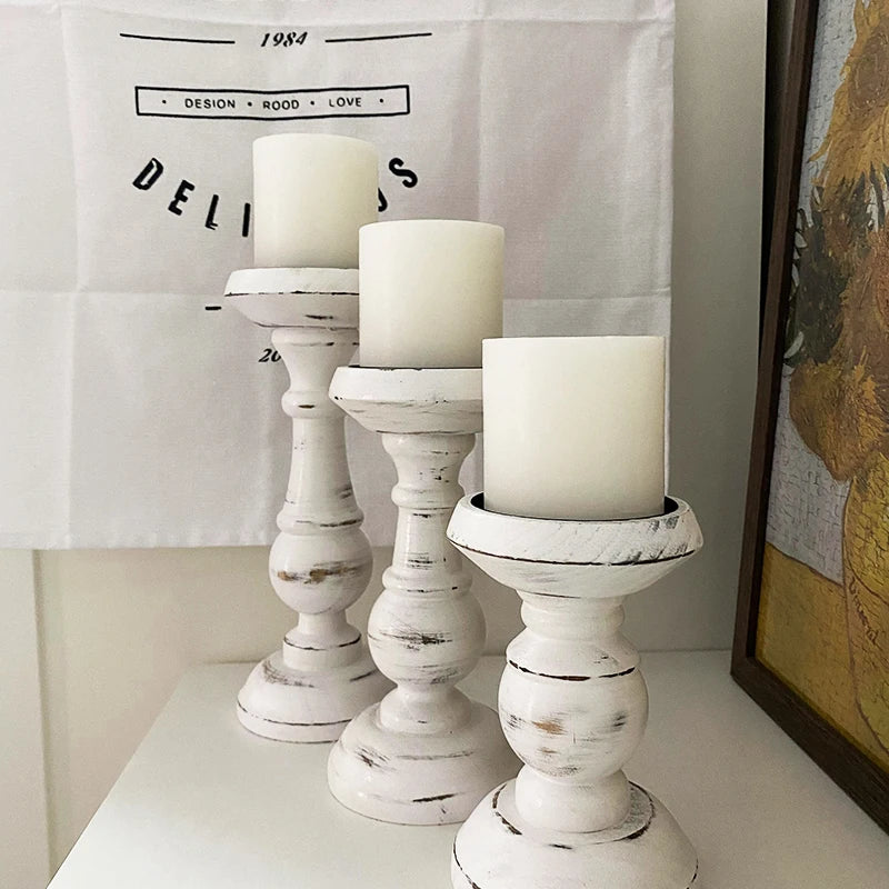 1Piece or 1Set Wood Candlestick Tabletop Retro White Candle Holder Home Decoration Wooden Candles Rack Nostalgic Photography