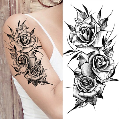 10 hojas de tatuajes temporales de flores para mujeres, tatuajes falsos para brazos y piernas, calcomanías realistas de rosas negras, peonías, serpientes, tatuajes sexys, arte corporal