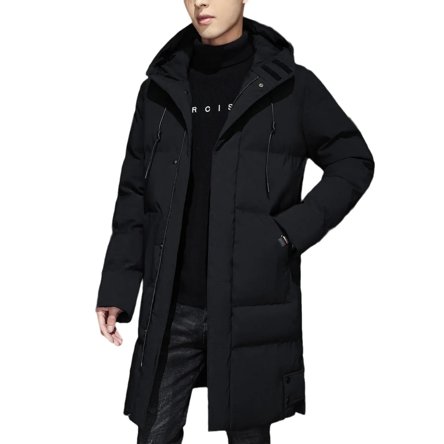 2023 New Men's Thickened Medium-Length Cotton Coat Korean Trendy Cotton-Padded Warm Jacket Hooded Casual Scene