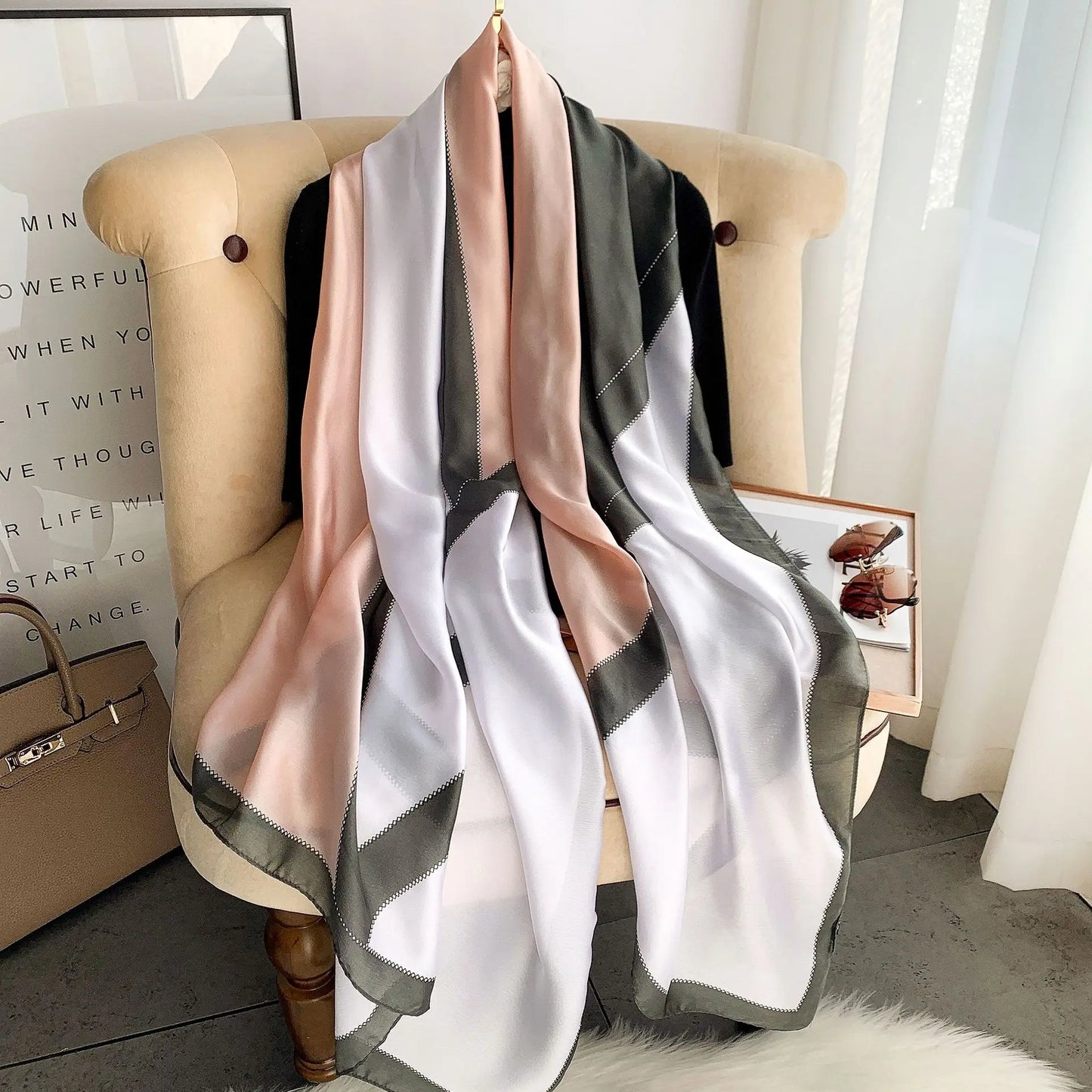 Women Fashion Print Silk Scarf Luxury Brand Warm 180X90CM Scarves Popular Lrage Satin Finish Shawl The Four Seasons Design Hijab