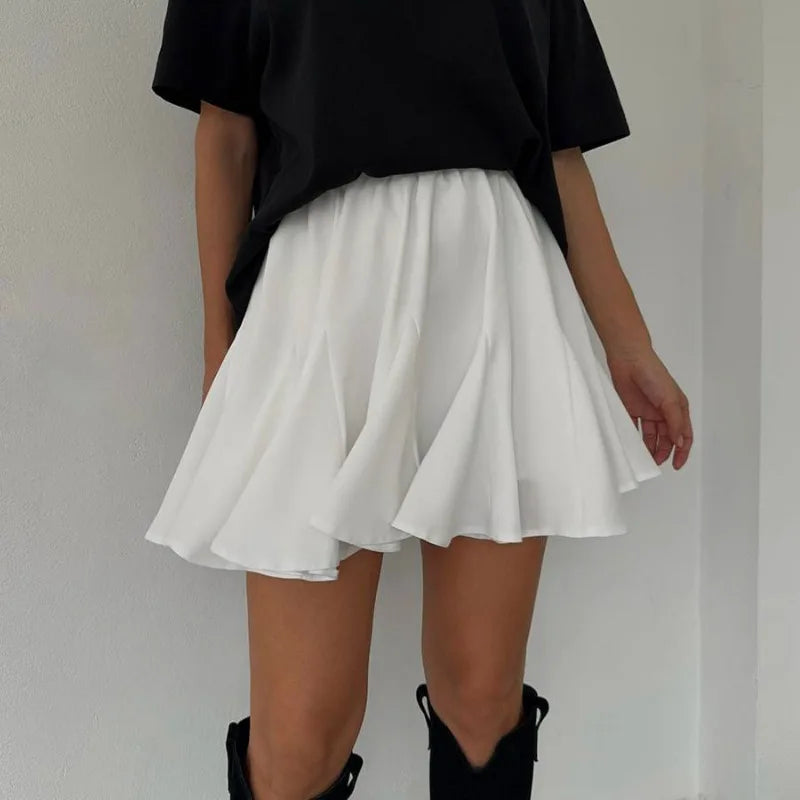 White Ruffles Pleated Mini Skirts For Women Summer Elegant Women's Fluffy High Waist A-Line Skirts Fashion Street Short Skirt