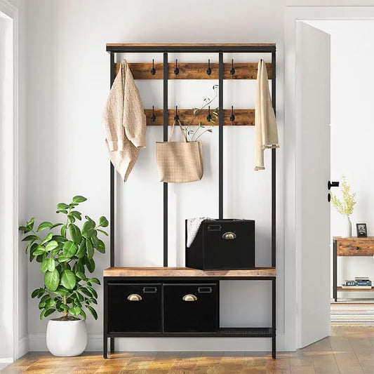 HOOBRO Coat Rack With 12 Hooks Hall Tree With Bench And Shoe Storage Entryway Bench With 3 Storage Boxes For Hallway Living Room