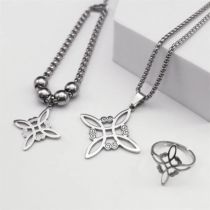 Stainless Steel Jewelry Set Witchcraft Witch Celtic Irish Knot Pendant Necklace Fashion Earring Bracelet Ring nudo de bruja