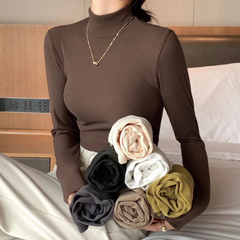 2024 New Knitted Half-turtleneck Pullovers Women Bottom Shirts Sweater Jumper Elegant Korean Fashion Long-sleeved Knitwear Tops