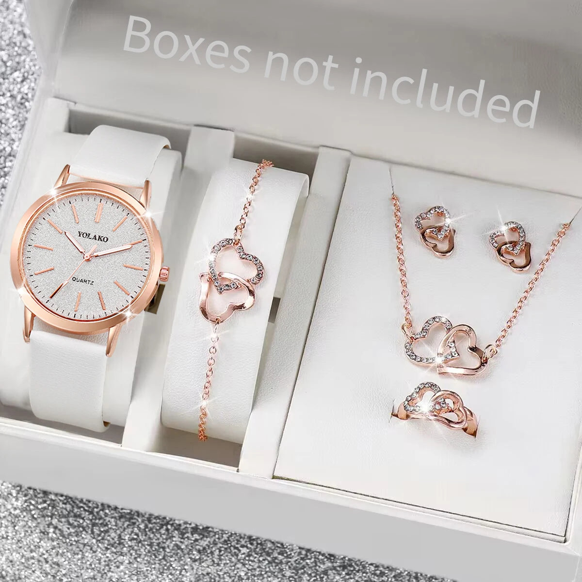 5PCS/Set Fashion Matte Dial Women Watches Diamond Heart Jewelry Set Casual Leather Band Quartz Watch（Without Box）