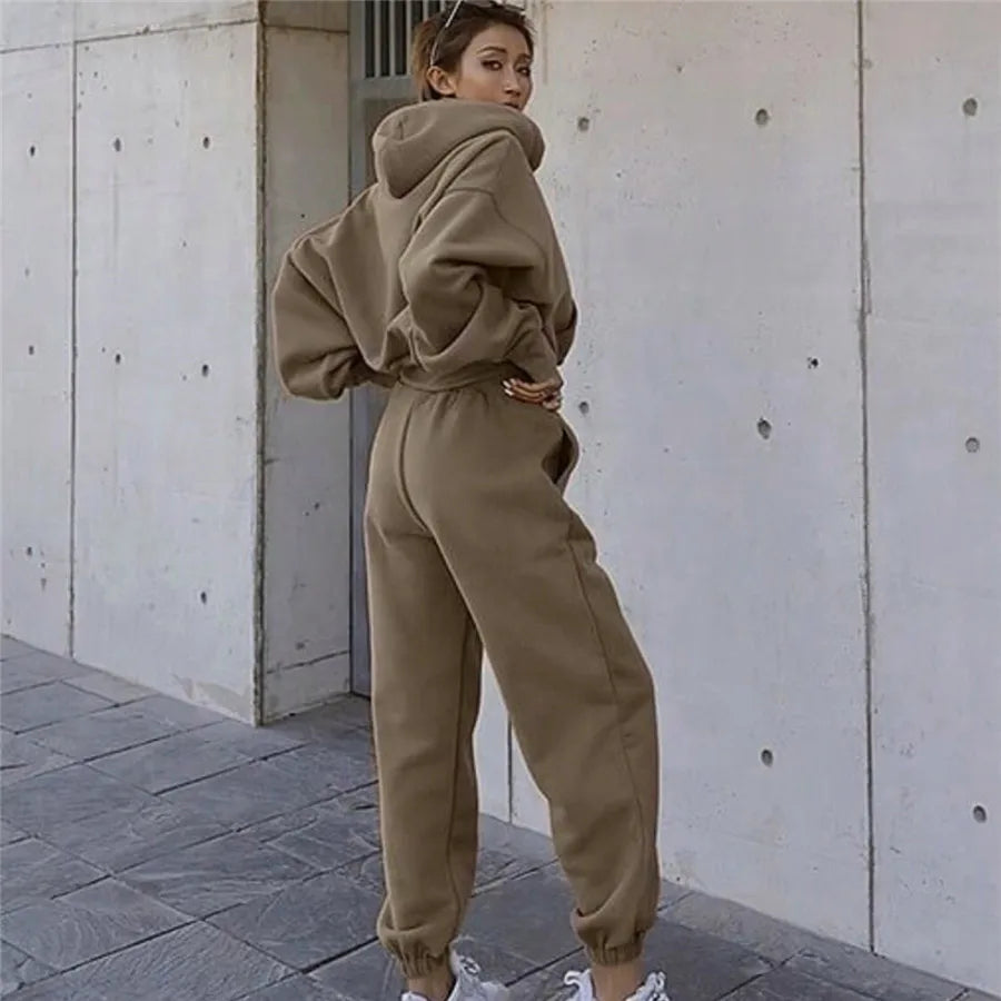 Women Sports Two Piece Sets Hoodie Trousers Solid Color Hooded Pants Outfits Sweatshirt Suit 2024 Autumn Winter Tracksuit