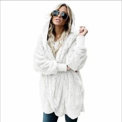 Autumn Winter Double Fleece Cardigan Jacket Women Solid Color Long Sleeve Plush Warm Hooded Lady Jacket Oversized Outerwear Coat