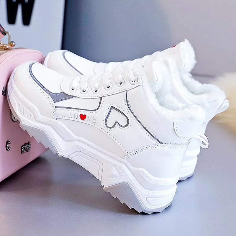 Platform Winter Sneakers Women Plush Shoes Wedge Sneaker Warm Cotton Shoes Female Lace-up Chunky Shoes Running Shoes for Woman