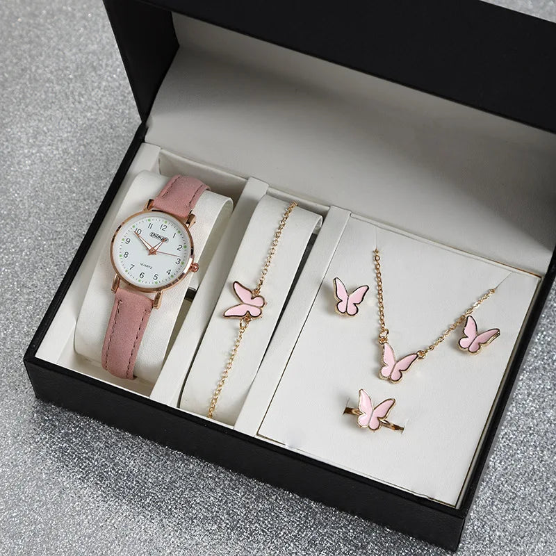 6Pcs Sets Luxury White Leather Analog Ladies Quartz Wrist Watch Fashion Butterfly Design Earring Bracelet Necklace Gifts