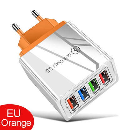 4 Ports USB Charger Quick Charge 3.0 Wall Charger Fast Charging For iPhone 15 14 Samsung Xiaomi EU/US Plug Phone Charger Adapter