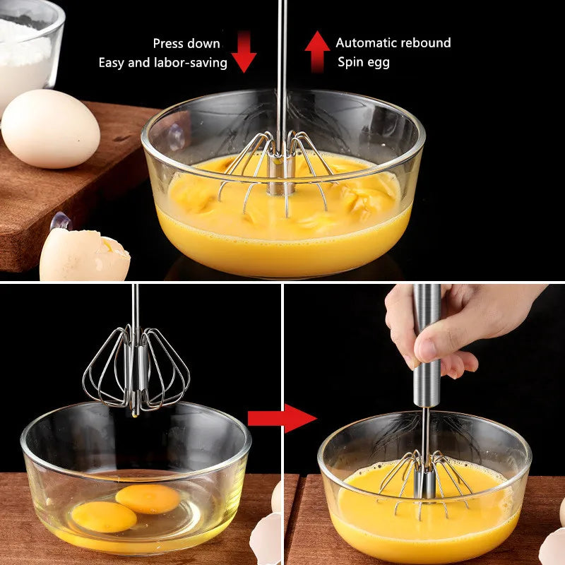 Semi-automatic Egg Beater 304 Stainless Steel Egg Whisk Manual Hand Mixer Self Turning Egg Stirrer Kitchen Accessories Egg Tools