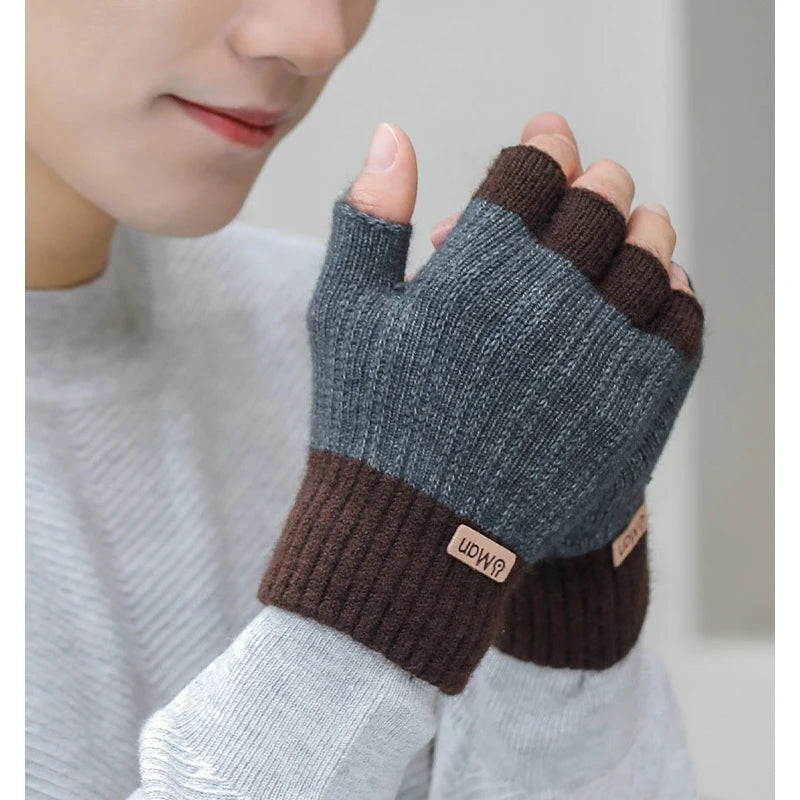 Men Winter Fingerless Half Finger Knitted Gloves Office Knitted Warm Exposed Finger Thick Gloves Elastic Driving Gloves