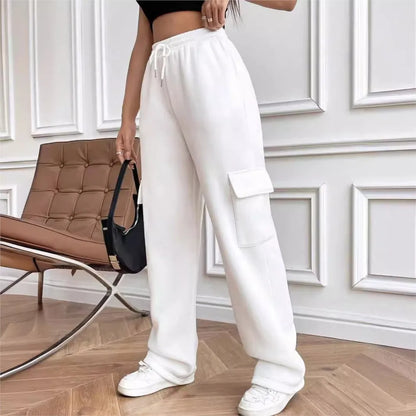 Women's Casual Sports Pants 2024 Autumn/winter Lady Fashionable Side Pocket Versatile Solid Color Straight Sweatpants Trousers