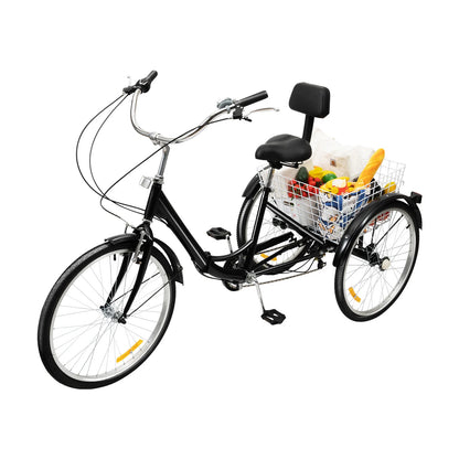 Foldable Adult Tricycle 24-Inch 7-Speed 3-Wheeled Bicycle Adjustable Road Trike Bike with Basket and Backrest Seat for 1.6-1.8m